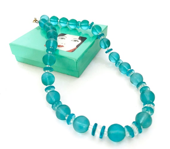 Aqua  & Clear Glass Bead Necklace, Translucent Aq… - image 9