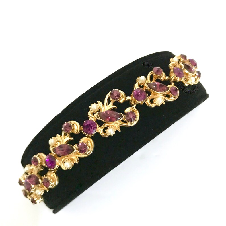 Florenza Rhinestone /& Fx Pearl Link Bracelet Amethyst Chaton Marquis Stones Faux Pearl Floral Swirled Gold Tone Wedding Gift for Her