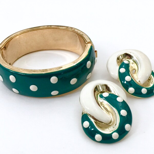 Don-Lin Teal Green & Cream Enamel Demi, Chunky Hinged Bangle and Earring Set, Dark Teal Cream Dots, Statement Set, Vintage Gift for Her