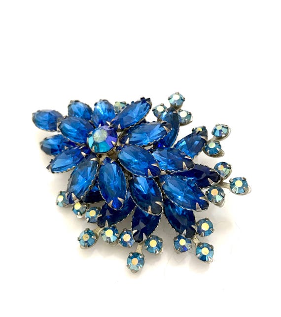 Cathe' Blue Rhinestone Floral Brooch, Blue Marqui… - image 1