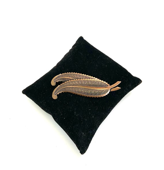 Copper Leaf Brooch Two Graceful Layered Leaves wi… - image 7