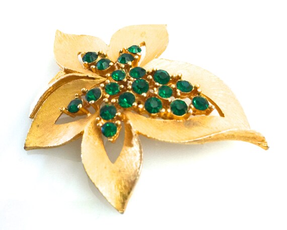 JJ Leaf Gold and Green Leaf Brooch Emerald Green … - image 5