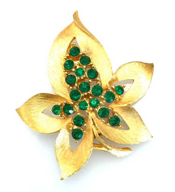 JJ Leaf Gold and Green Leaf Brooch Emerald Green … - image 3