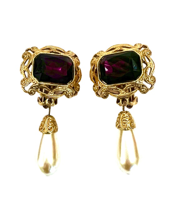 Elegant Purple Gold & Faux Pearl Dangle Earrings … - image 5