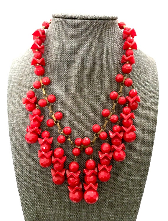 Red Plastic Dangle Bib Necklace, Funky Red Dangle… - image 1