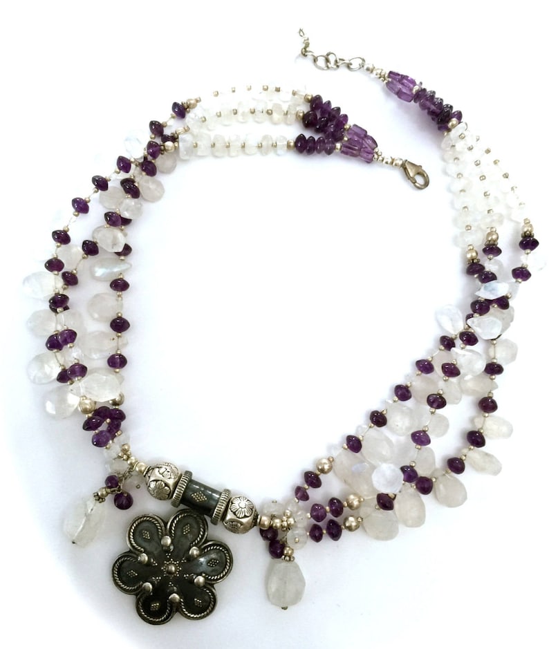 925 Sterling Silver Vintage Boho Tribal Ethnic Style Boho Three Strand Necklace of Faceted Amethyst Artisan Hand Crafted Moonstone
