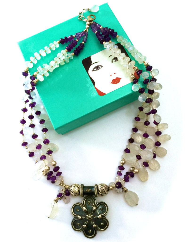 925 Sterling Silver Vintage Boho Tribal Ethnic Style Boho Three Strand Necklace of Faceted Amethyst Artisan Hand Crafted Moonstone