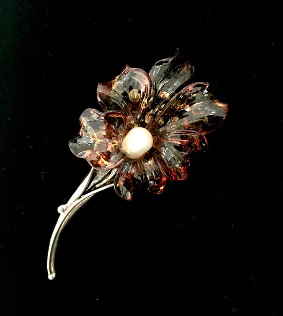 Sterling Silver Floral Brooch Dimensional Amber-l… - image 7