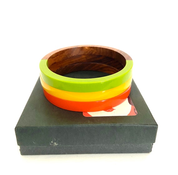 Fun Lot of 3 Lucite & Wood Bangle Orange Yellow a… - image 3