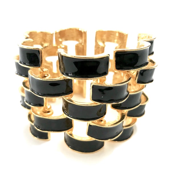 Kenneth Lane Black Enamel Bracelet, Black Enamel Tank Tread Links, Gold Tone Metal, 2" Wide, Early Mark, Statement Bracelet, Gift for Her