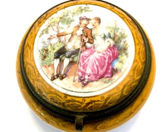 Czech Renaissance Style Courting Couple Dresser Box, Hinged Lid Metal Rim, Gold Painted Filigree, Signed Czechoslovakia, Early 1920's 1930s
