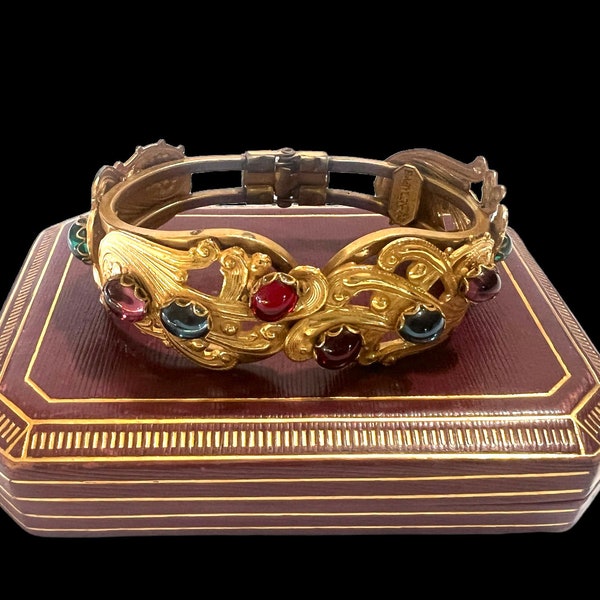 The Knights of Babylon Hinged Bangle 1983 Intricate Metal Work Multi-Color Glass Stones Raised Bezels Gift for Her