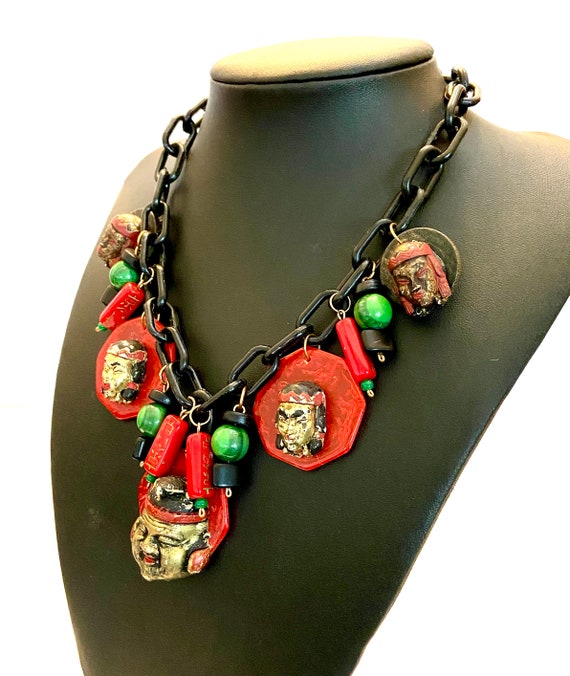 Celluloid and Bakelite Charm Necklace Black Cellu… - image 4