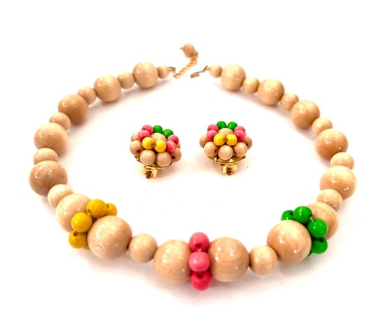 Adorable Wooden Bead Demi Necklace & Earring Set … - image 1