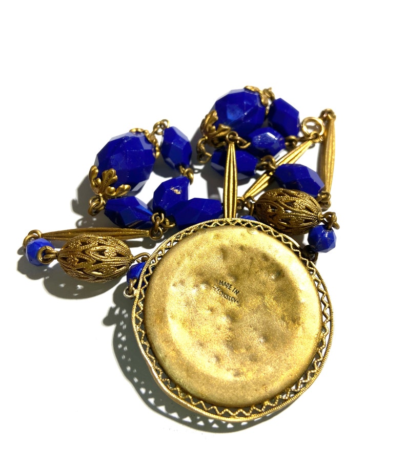 Czech Glass Courting Couple Necklace Hand Painted Medallion Cobalt Blue Faceted Czech Glass Beads Alternate Gold Filigree Beads Gift for Her