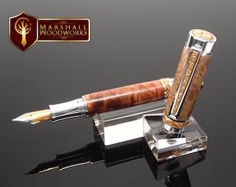 Handmade Amboyna Burl Fountain Pen – Sterling Silver & Gold Accents