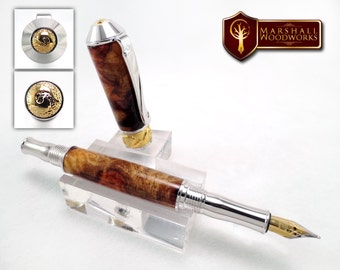 Amboyna Burl Wood Fountain Pen: Art Nouveau, Gold & Rhodium