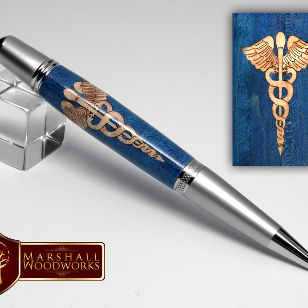 Stylo en bois fait main - Incrustation de symbole de caducée - Stylo fait main - Cadeau de médecin - Cadeau de docteur - Cadeau médical - Cadeau de remerciement - Cadeau de remise des diplômes