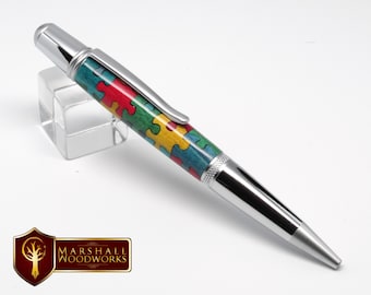 Wood Pen with Handmade Jigsaw Puzzle Design