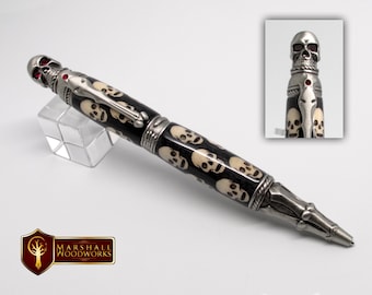 Skull Pen with Inlaid Skull and Bones Wood Pen