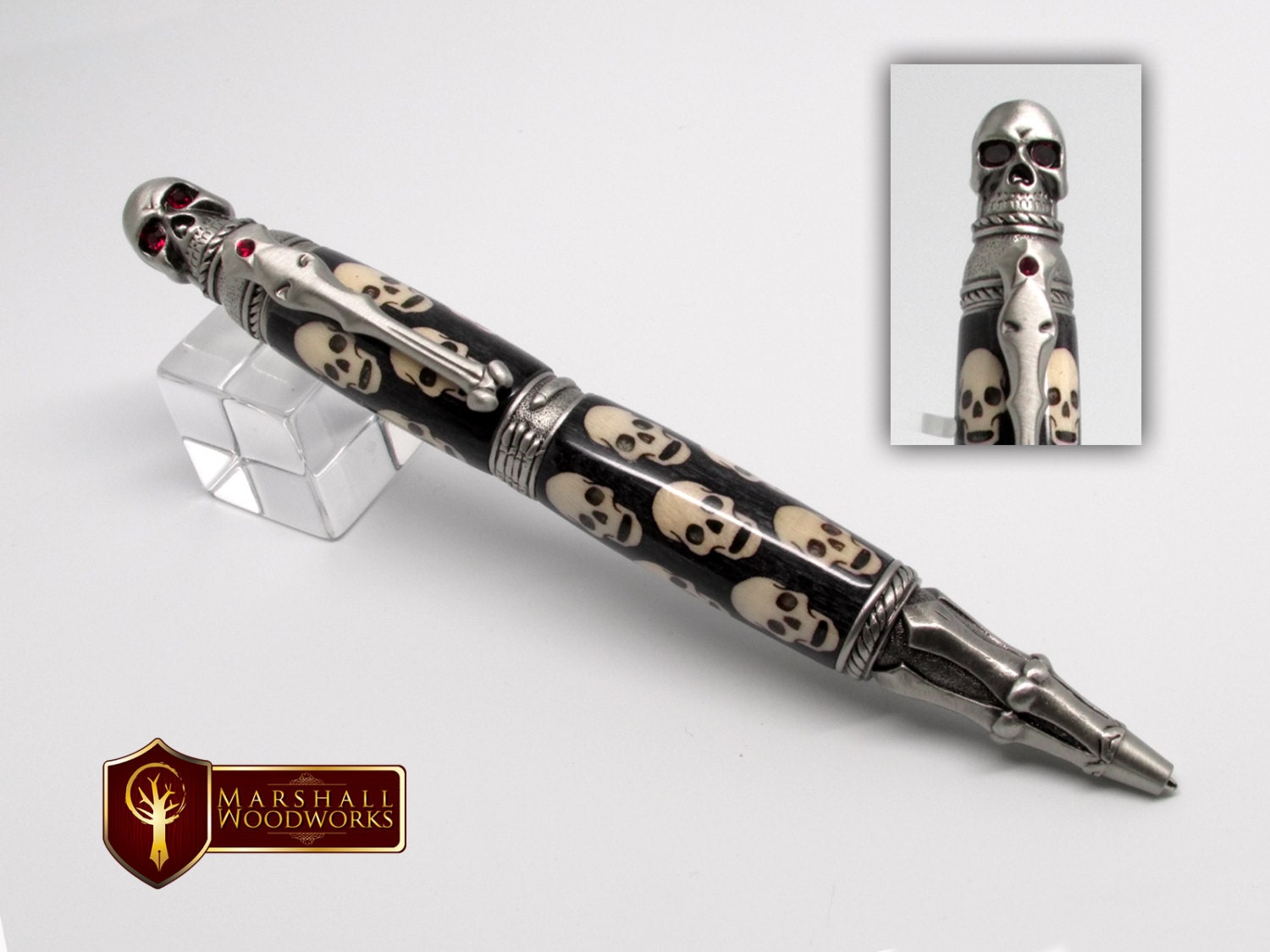 Skull Pen with Inlaid Skull and Bones Wood Pen