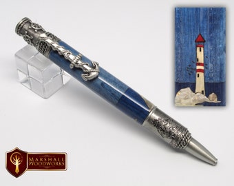 Wood pen - Nautical Gift - Hand made pen - Lighthouse picture - gift for him - custom pen - fine pen - personalized pen - ship pen