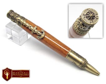 Handmade Teak Nautical Pen – Engraved Tall Ship, Boater Gift
