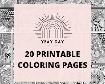 Könnte beinhalten: Ein digitaler Download von 20 druckbaren Malvorlagen mit filigranen Schwarzweiß-Designs. Das Bild zeigt eine Auswahl der Designs mit einem rosa Hintergrund und dem Text "Yeay Day Gift Shop 20 druckbare Malvorlagen".