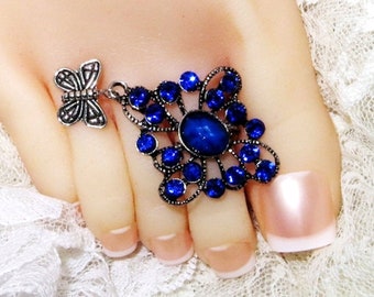 Toe Charm Toe Ring Toering So Toe Charming! Sapphire Crystal Spray with Butterfly Dangle at Under The Hoode