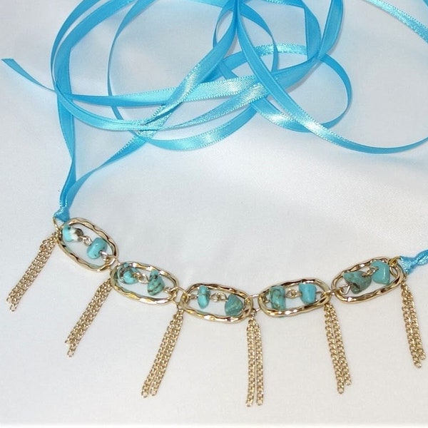 Pierre RAS de cou ruban NecklaceTasselled fausse Turquoise sous la Hoode intime bijoux et cadeaux