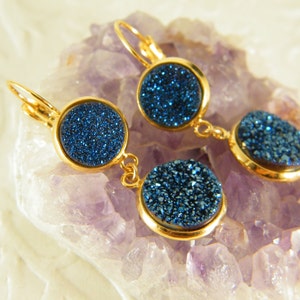 Druzy earrings, Gold filled earrings, Blue gem stone earrings, Dangle boho earrings, Bridesmaid earrings, Gift for her, Long shiny earrings,