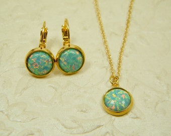 Groene opaal set, goud gevulde set, Bungelen oorbellen, Opaal hanger ketting, Opaal gouden oorbellen, Bruids set, Bruiloft sieraden, Cadeau voor haar