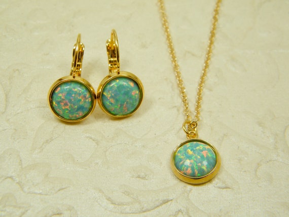 Green opal set, Gold filled set, Dangle earrings, Opal pendant necklace, Opal gold earrings, Bridal set, Wedding jewelry, Gift for her