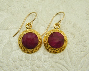 Natural ruby gold earrings, Red real ruby dangle earrings, Ruby jewelry