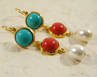 Red blue white gold filled earrings