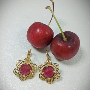 Real ruby gold earrings, Flower gem stone dangle earrings