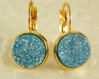 Blue gold earrings, Druzy earrings, Dangle earrings, Lithe blue earrings, Sparkling earrings, Bridesmaid shiny earrings, Gift for her