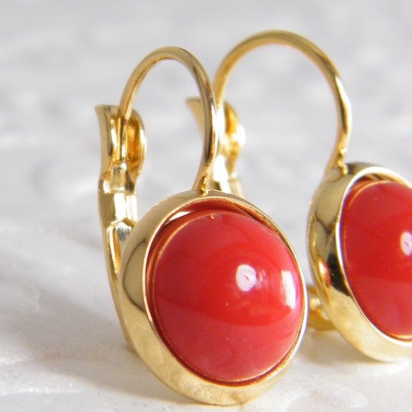 Red Coral color gold earrings