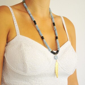 Blue stone necklace, Black onyx necklace, Gold feather necklace, long unisex necklace, Tribal necklace, Mala necklace, Aqua quartz stone