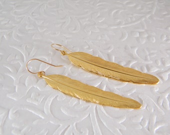 Gold feather dangle earrings