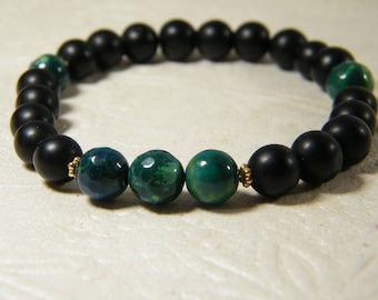 Pulsera de hombre, pulsera de piedra negra, pulsera de ágata de ónix, pulsera de hombre elástico, pulsera verde negro, joyería de los hombres, pulsera de cuentas unisex,