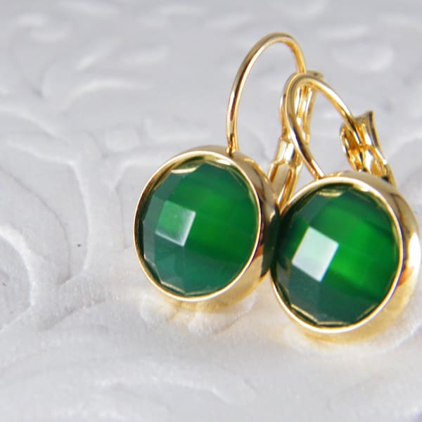 Green agate gem stone gold plated dangle earrings