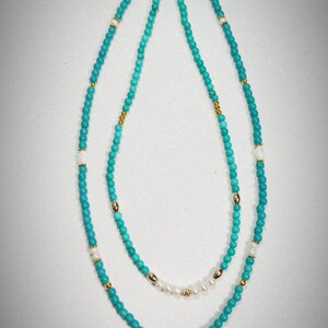 Turquoise pearls gem stone necklaces, Blue white gold necklace, Set 2 necklaces, Gift for her