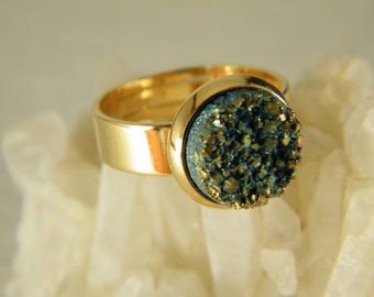 Dark blue druzy gold adjustable  ring