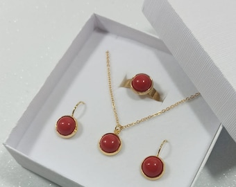 Red gold jewelry set, Red coral earrings, necklace and ring