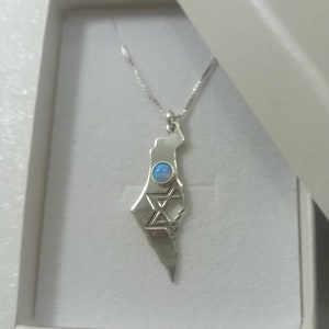 Collar de plata de primera ley con mapa de Israel, colgante de piedra de ópalo azul