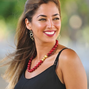 Coral necklace, Red coral jewelry, Big statement necklace, Beaded boho necklace, Gem stone necklace, Modern jewelry, Red and gold jewelry