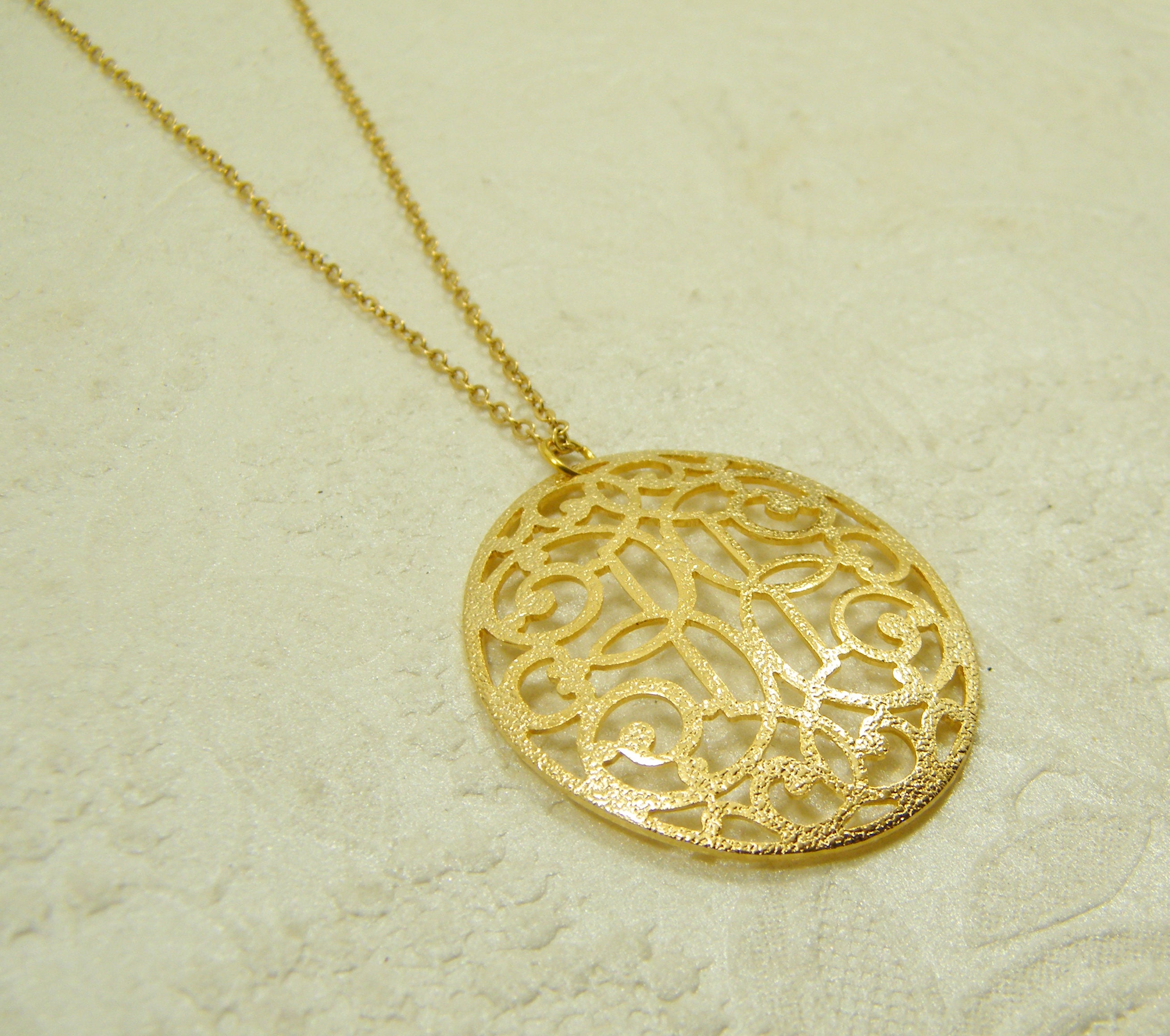 Gold Filled Necklace, Gold Plated Pendant, Gold Lace Pendant, Bride Necklace, Wedding Jewelry