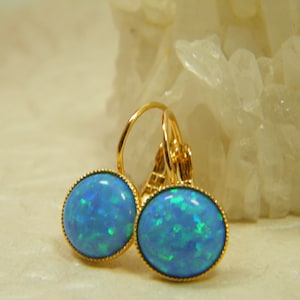 Gold opal earrings, Blue opal earrings, Blue stone earrings, Dangle earrings, Lace gold earrings, Gift for her, Shiny stone earrings