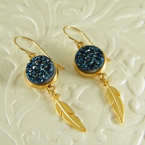 Blue druzy gold feather earrings,Sparkling wedding jewelry